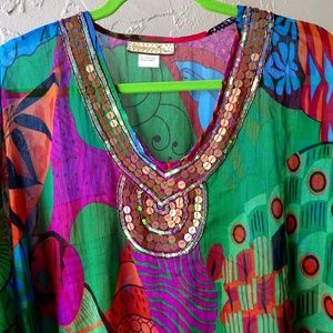 Indian Green Silky Tunic, Embroidery. New.